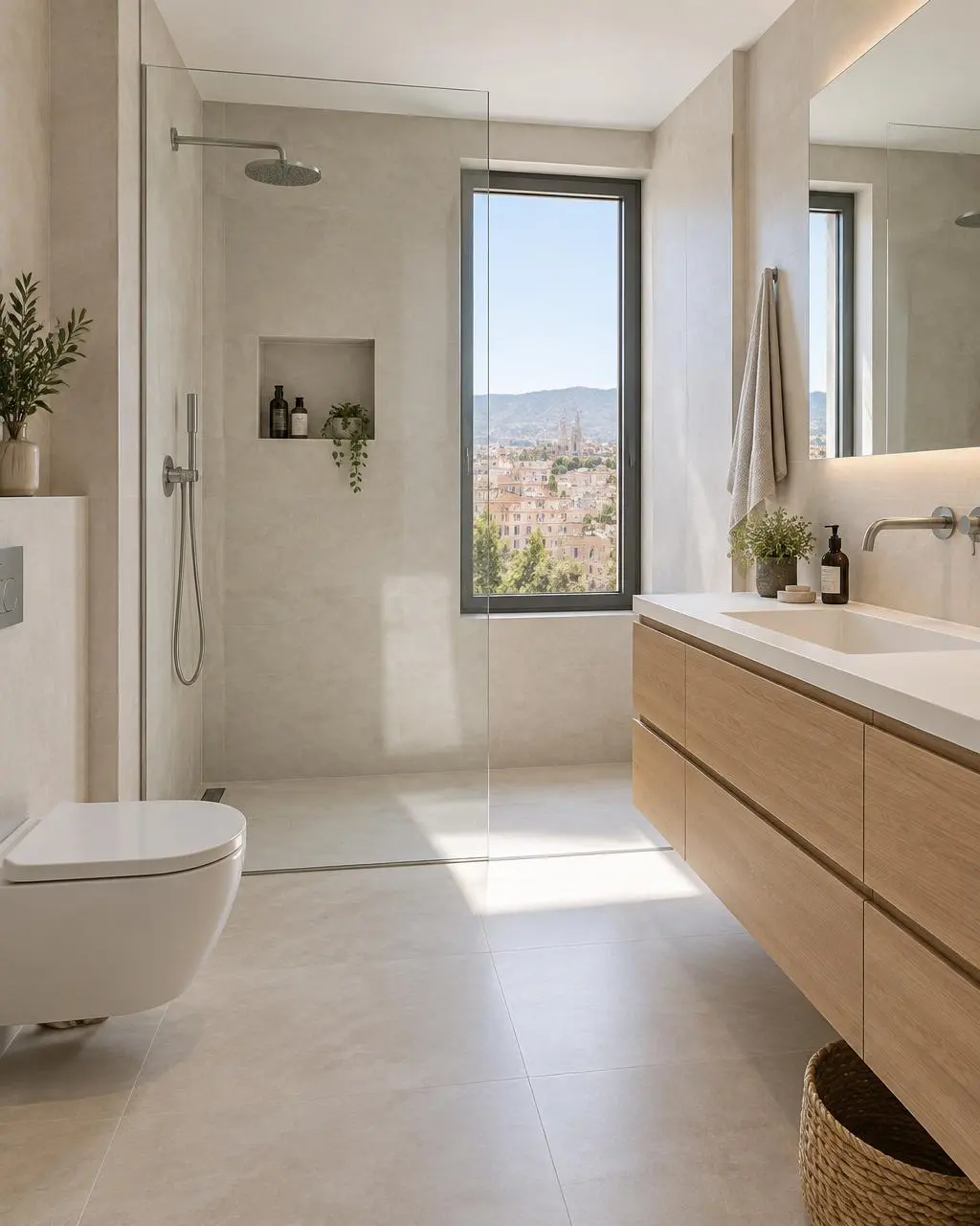 Baño reformado por Renobaño Donostia con ducha y mueble de lavabo